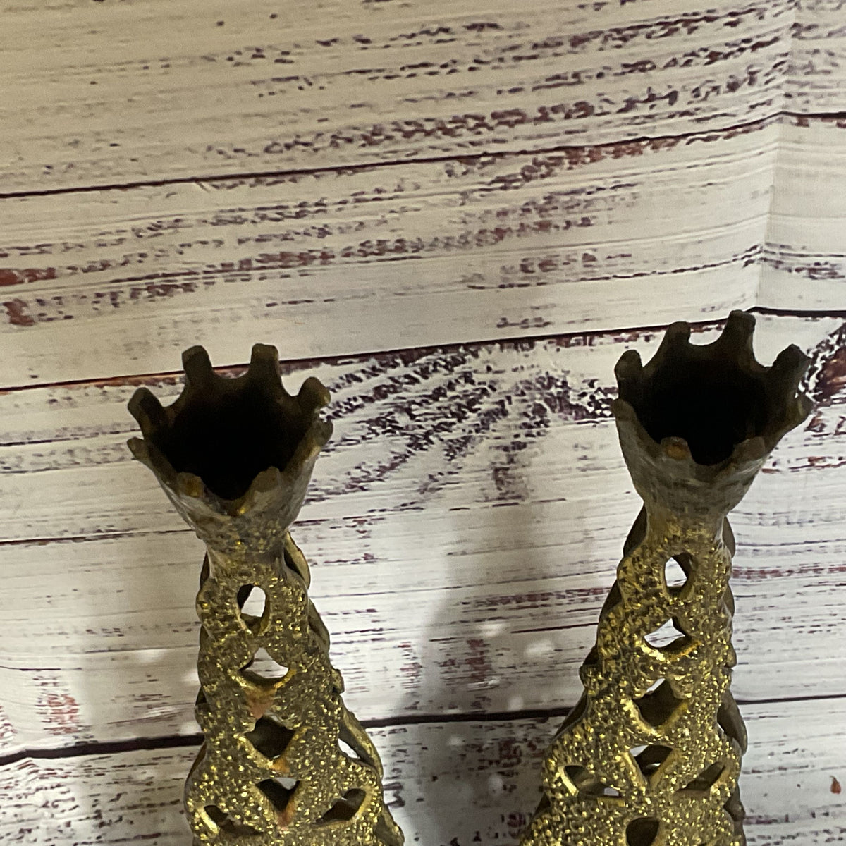 Pair of VTG. Brutalist Israel Judaica Brass Shabbat Candle Holders- 9.25"