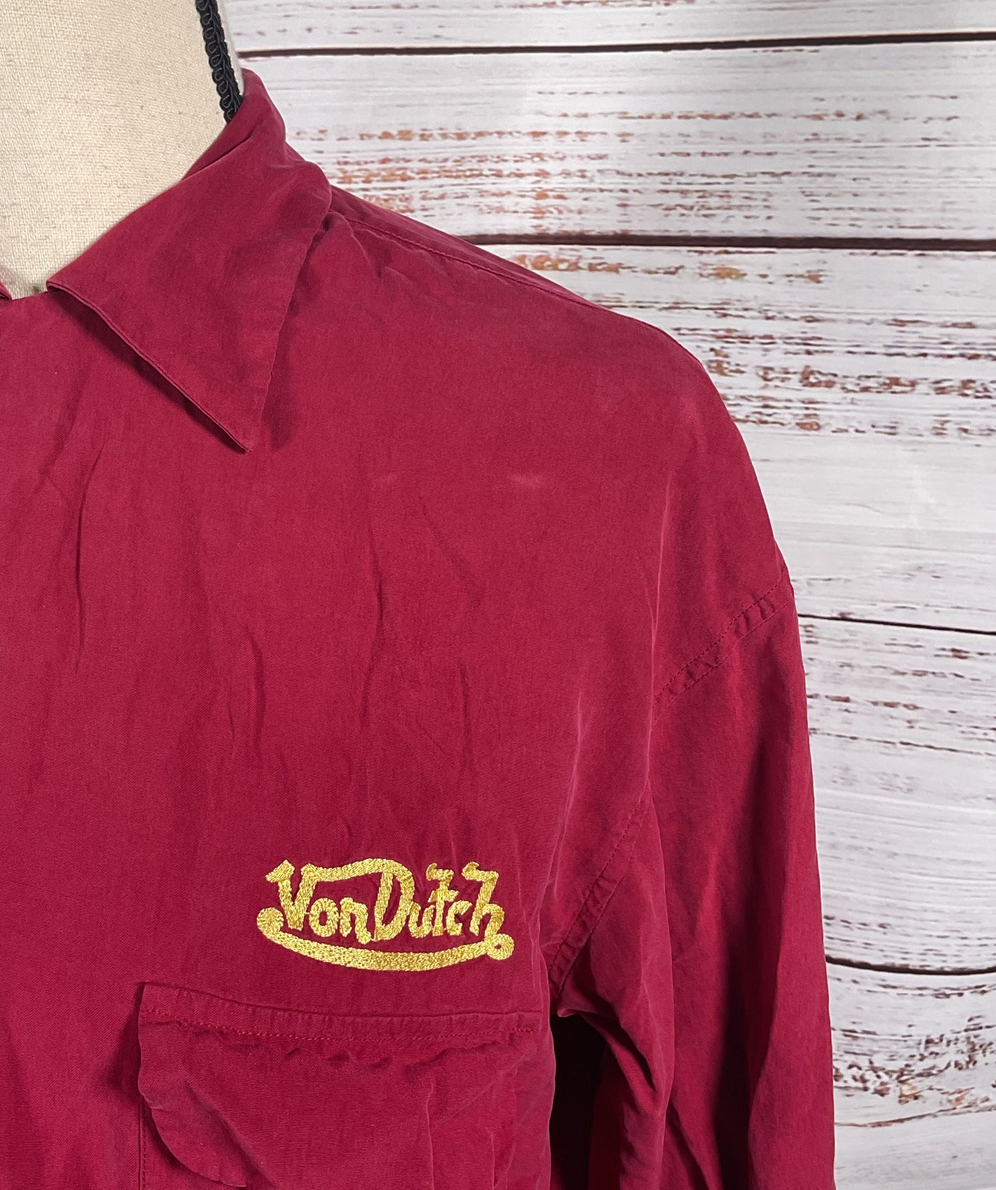 Von Dutch Vintage Silk Button Long Sleeve Shirt Burgundy S