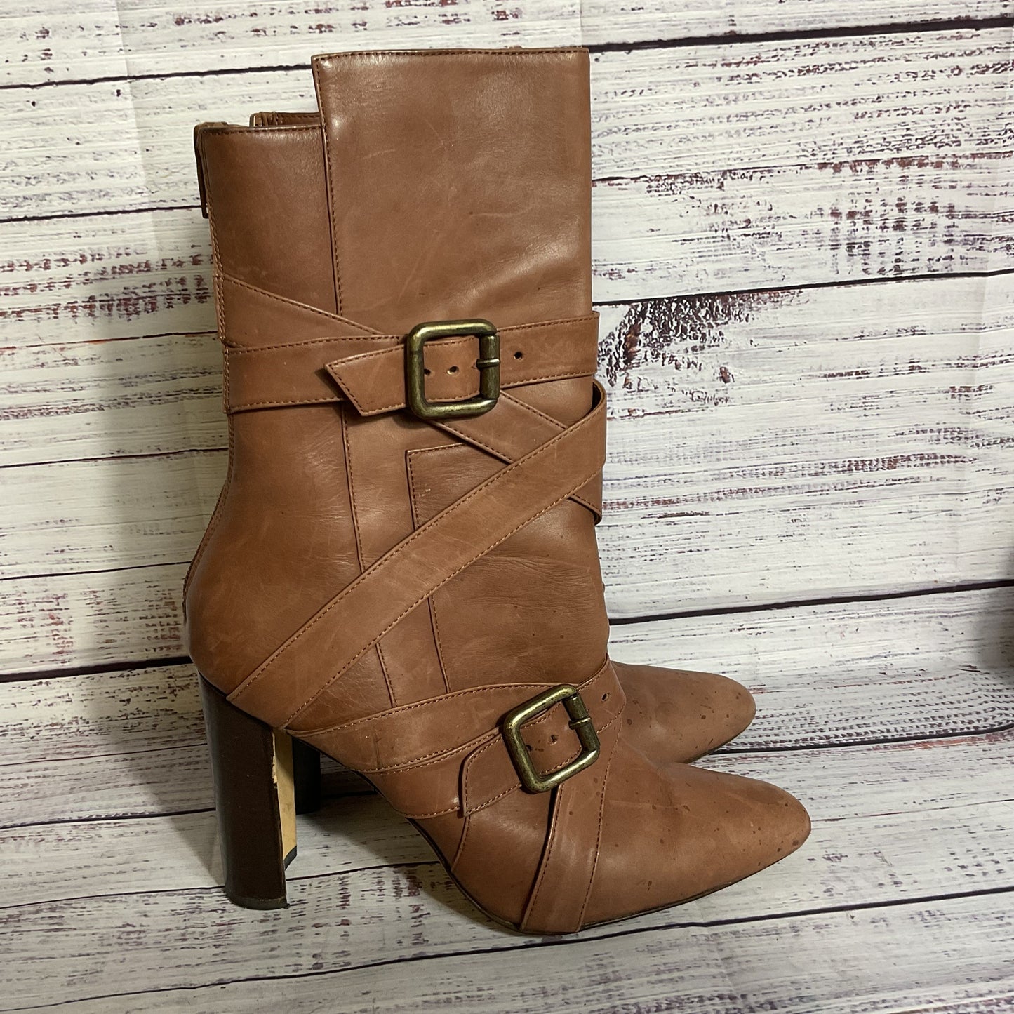MANOLO BLAHNIK Women's Brown Leather Strap Mid Calf Boots- SZ 37.5