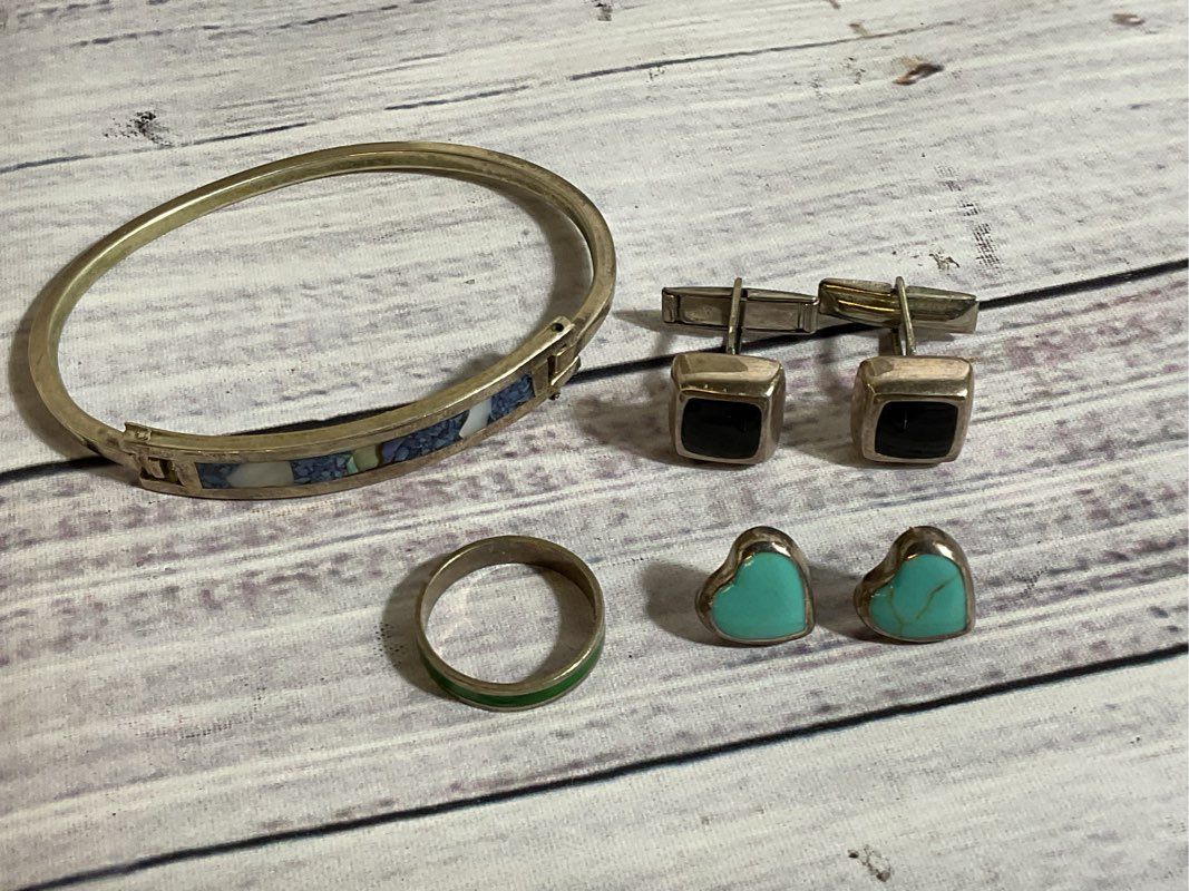 Lot Sterling Alpaca Bracelet, Norway Ring, India Cufflinks, Mex. Earrings 26.65g