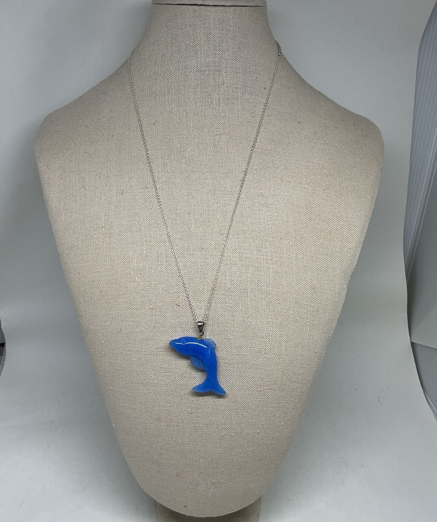 Blue Jade Dolphin Pendant Sterling Silver Chain Necklace