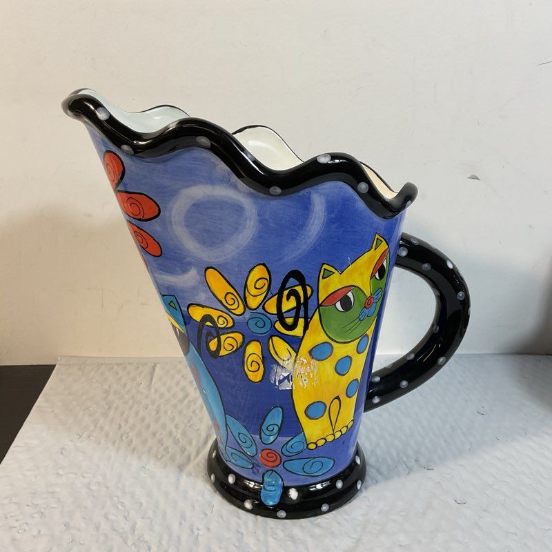 MILSON & LOUIS Hand Painted Cat Design Pitcher- 10.75"