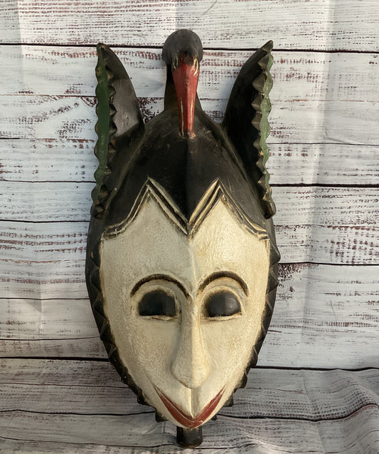 Vintage African Wooden Baule Bird Mask Multicolor