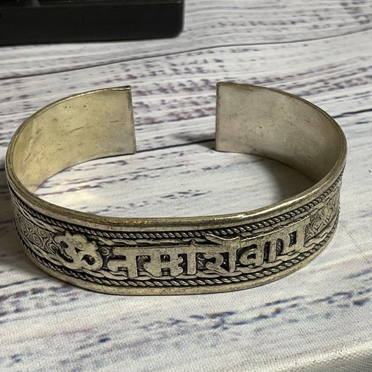 Tibetan Himalayan Hard Silver Tone & Coral Bangle Bracelet- 7.5"