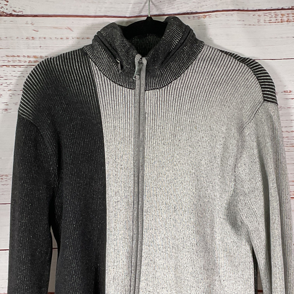 ARMANI EXCHANGE A/X Men's Gray Black Knit Cable Zip Up Cardigan Sweater- SZ L