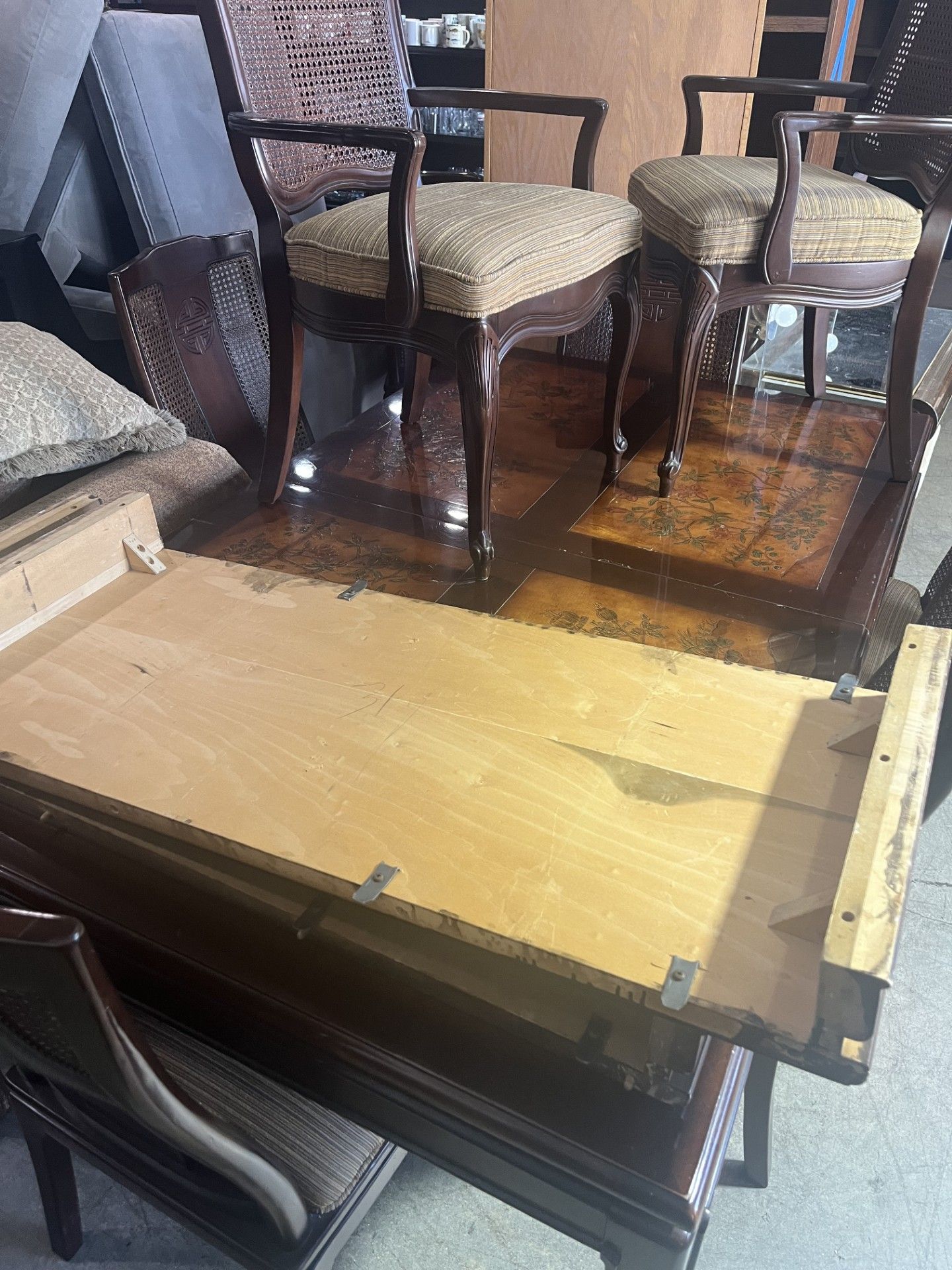 VTG BERNHARDT Shibui Asian Carved Painted Dining Table w/6 Chairs (PICKUP 90034)