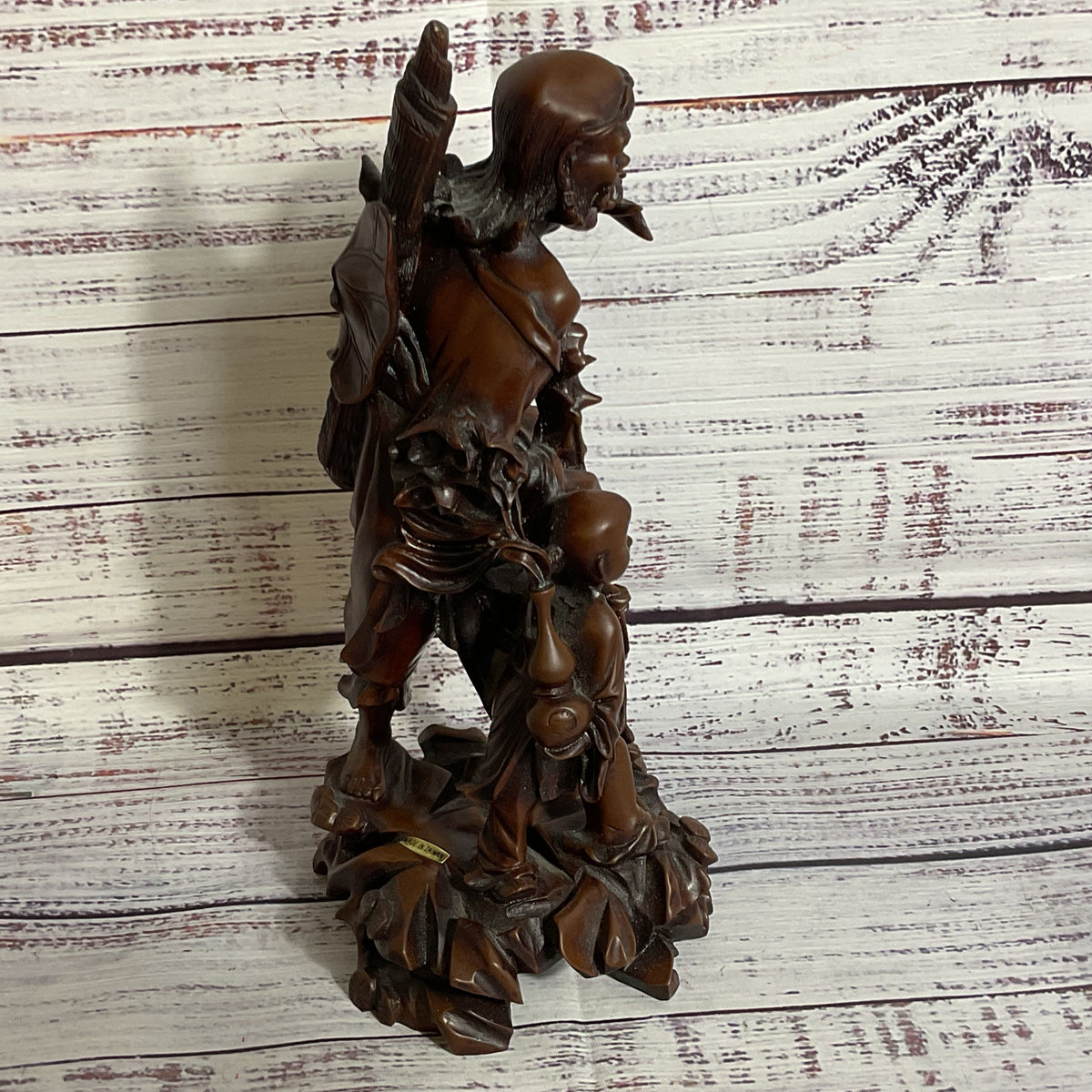 VTG./ANTIQUE Wood Carved Chinese Man, Child and Bat- 9"