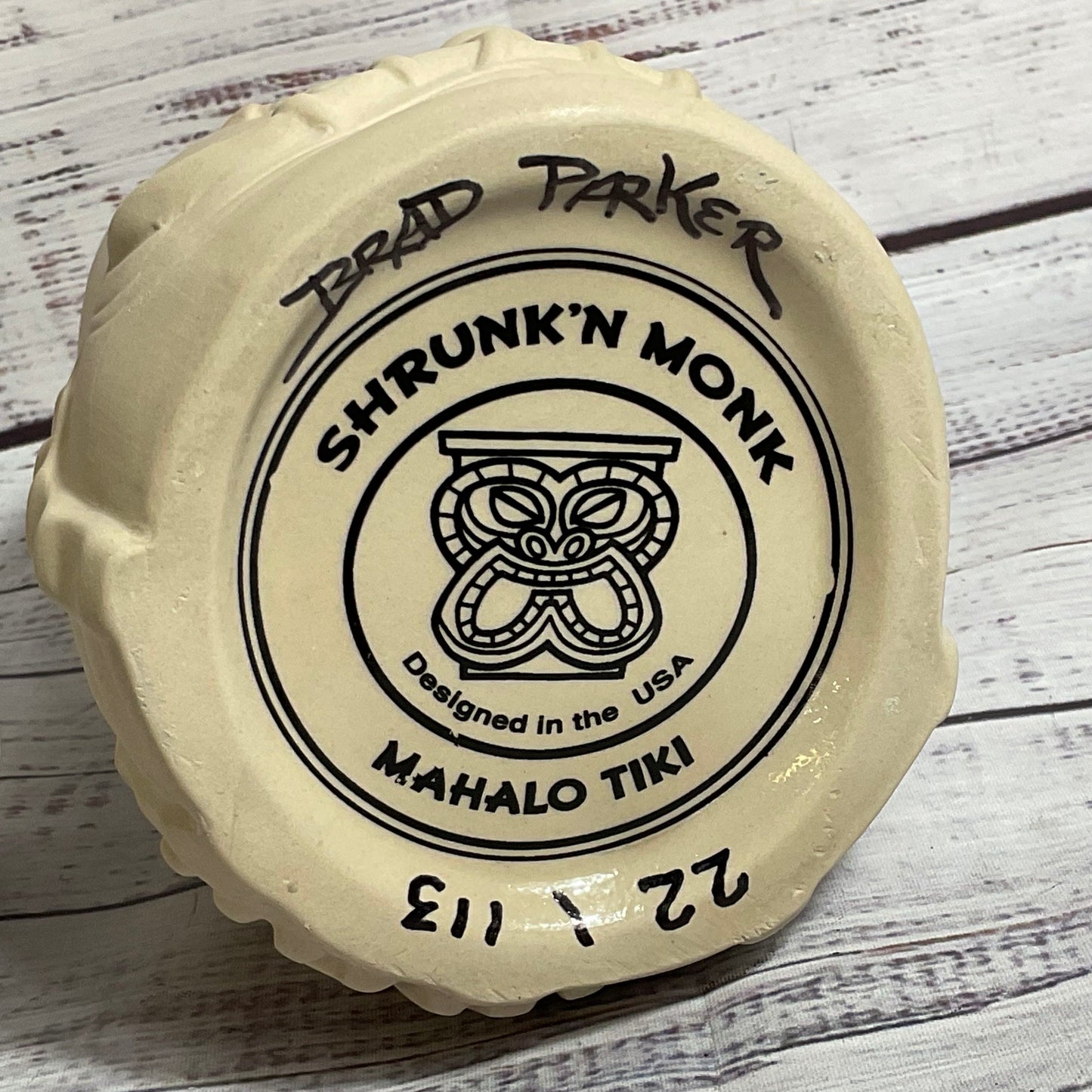 NEW Signed BRAD PARKER "Shrunk'n Monk Mahalo Tiki" Bisque Mug with COA