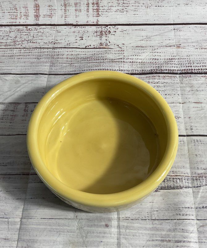 Vintage Yellow Enamel Bowl With White Hand Painted Bird Floral Art 6.5"