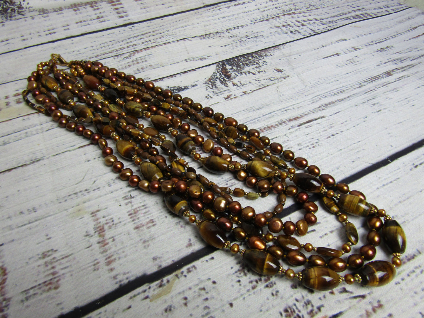 Coldwater Creek Multi-Strand Freshwater Pearl Tiger's Eye Beaded Necklace