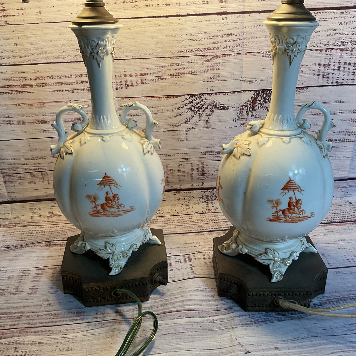 Pair of ANTIQUE French Hand Painted Porcelain Lamps- NO SHADES
