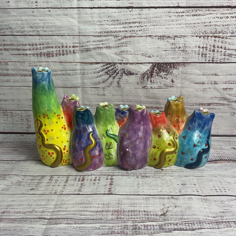 Joy Cats Multicolor Ceramic Kitten Family Menorah 12" Ceramic Judaica