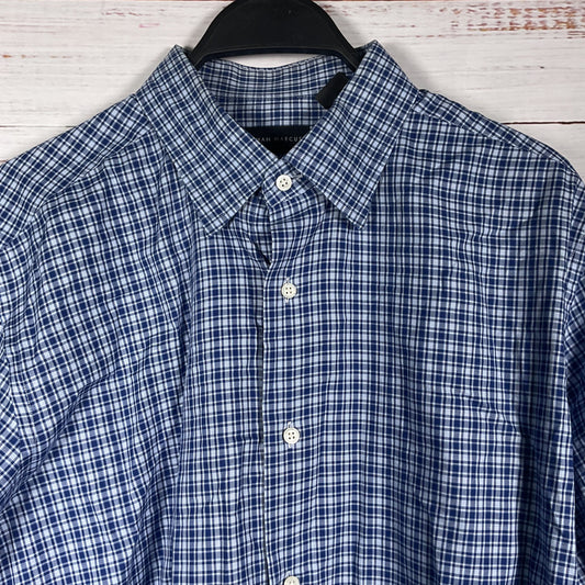Neiman Marcus Blue White Plaid Button Down Long Sleeve Dress Shirt - Size L