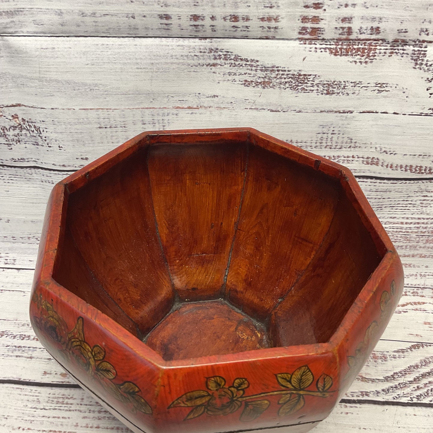 Red Lacquered Hand Crafted Octagonal Wooden Bucket 8.5"x 6"