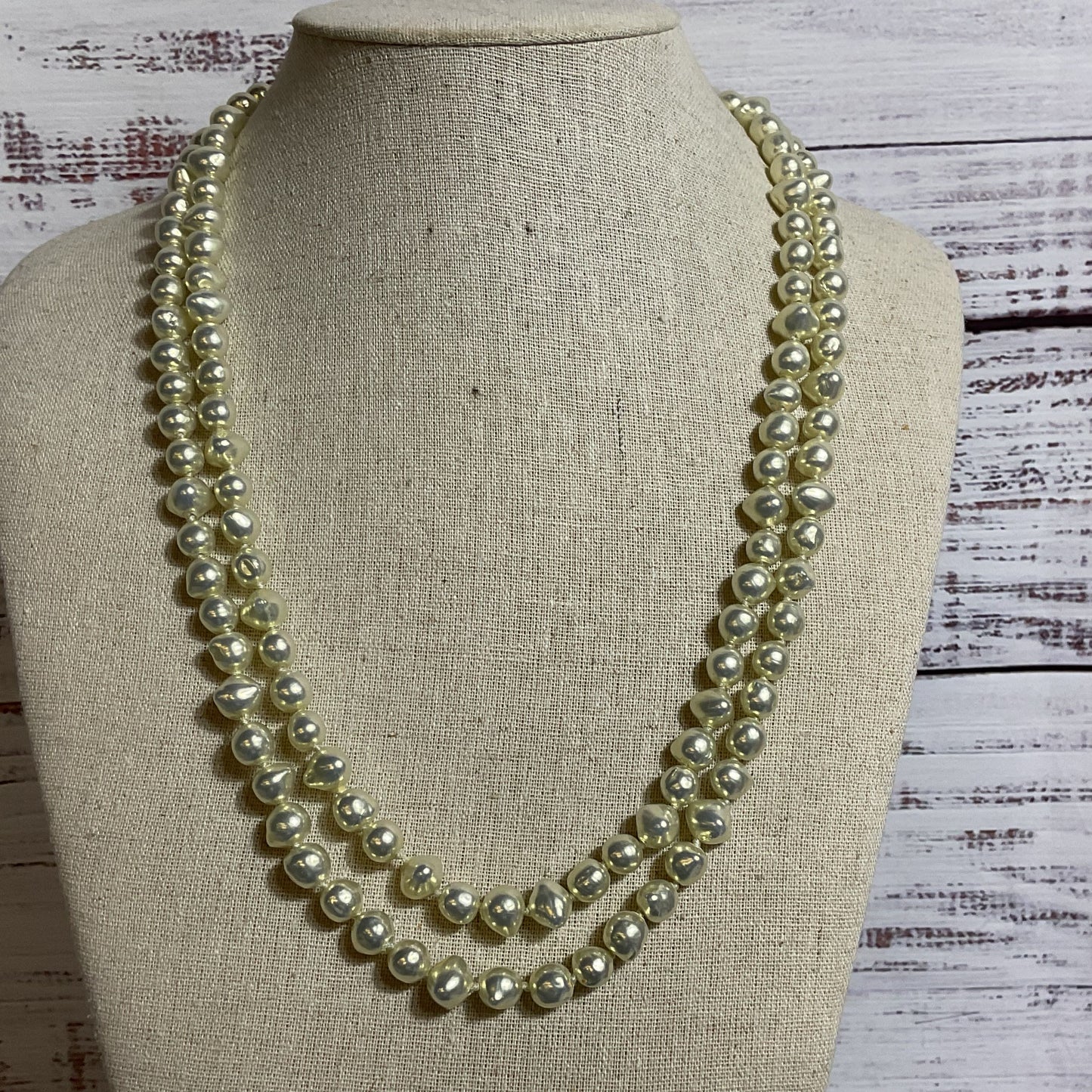 VTG. LES BERNARD Silver Tone Faux Pearls and Rhinestone 2-Strand Necklace- 24"
