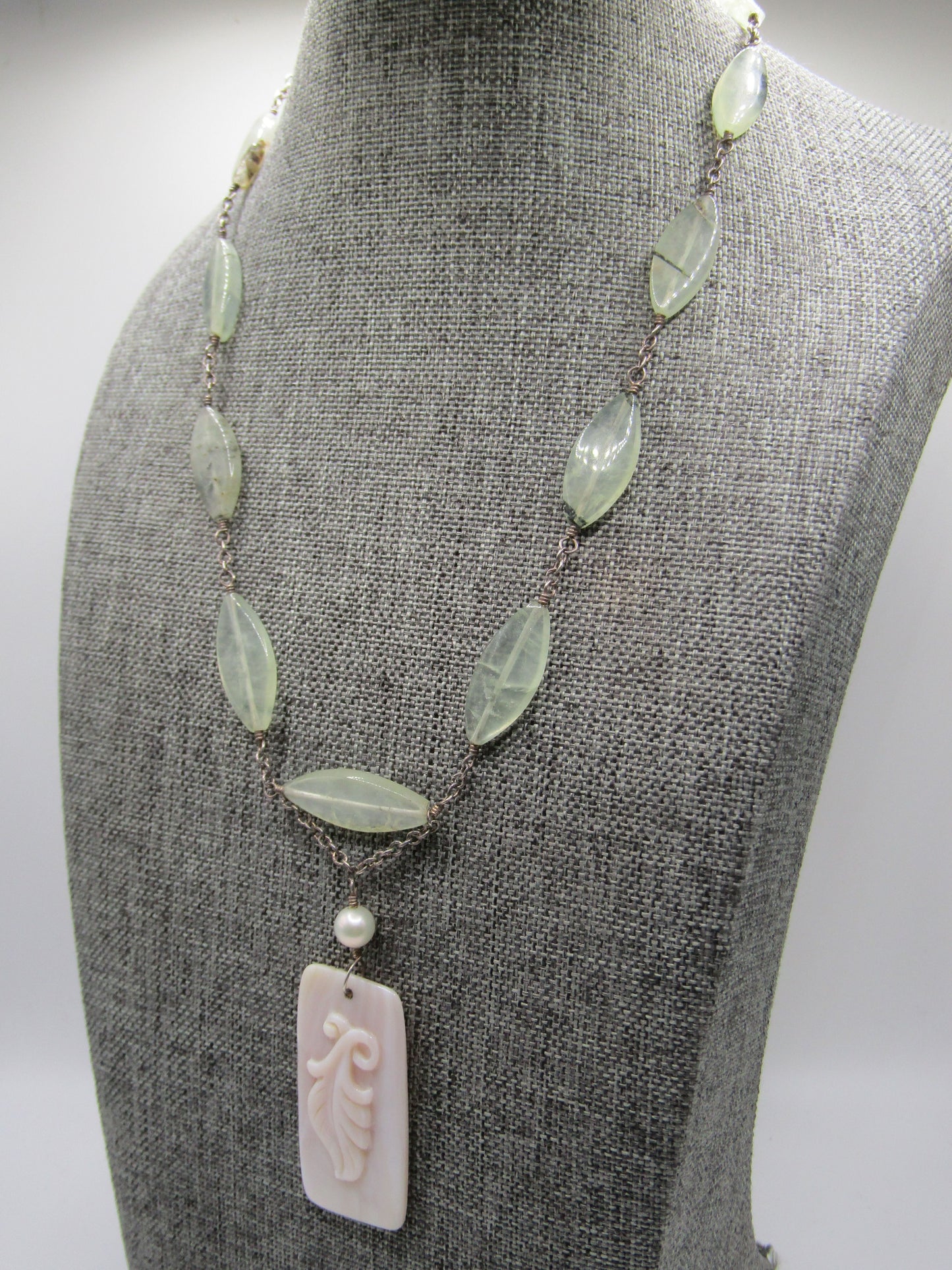 Vintage Artisan Handcrafted Sterling Silver Prehnite & Carved Pink MOP Necklace
