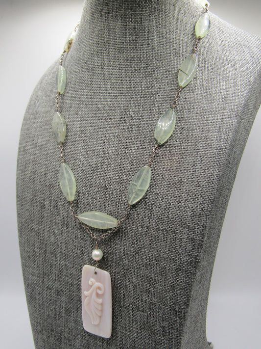 Vintage Artisan Handcrafted Sterling Silver Prehnite & Carved Pink MOP Necklace