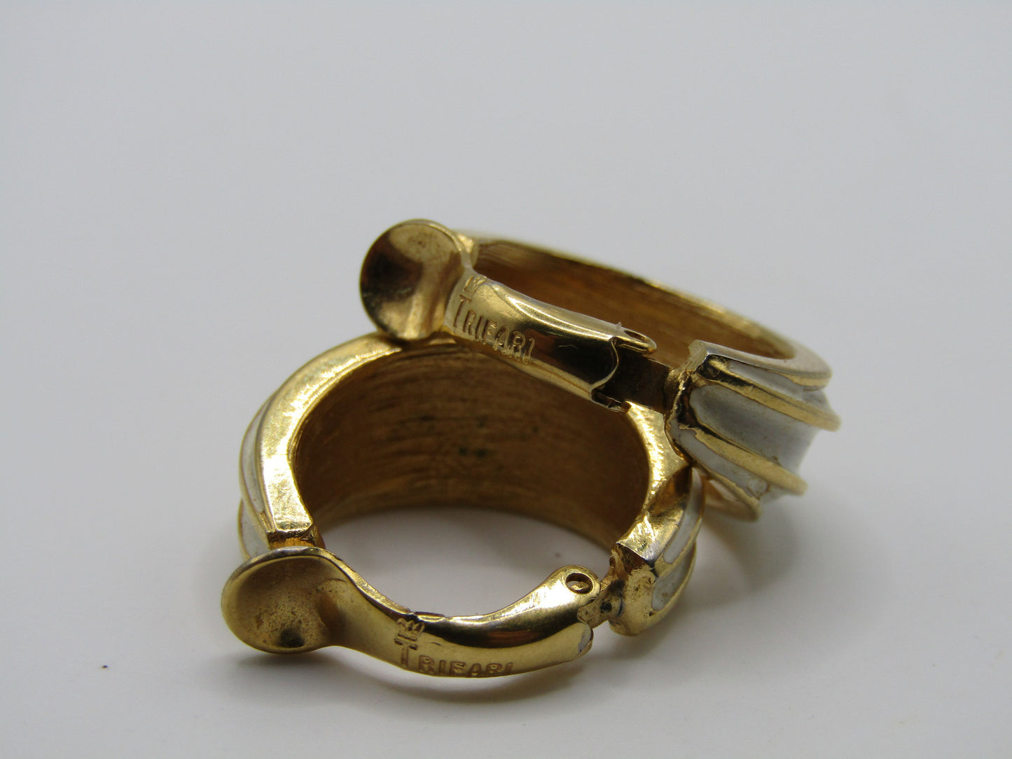 Vintage Crown Trifari Gold Plated Enamel Clip-On Hoop Earrings