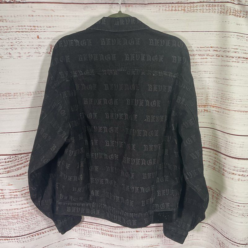 Revenge All Over Logo Print Black Denim Gothic Emo Streetwear Jacket - Size XL