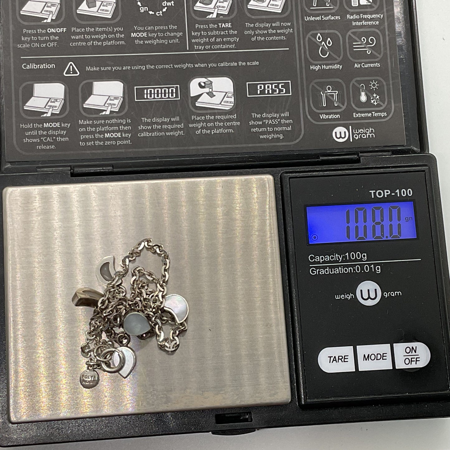 FREYA ROSE Sterling Silver & Mother of Pearl Charm 16" Chain Necklace- 10.80g