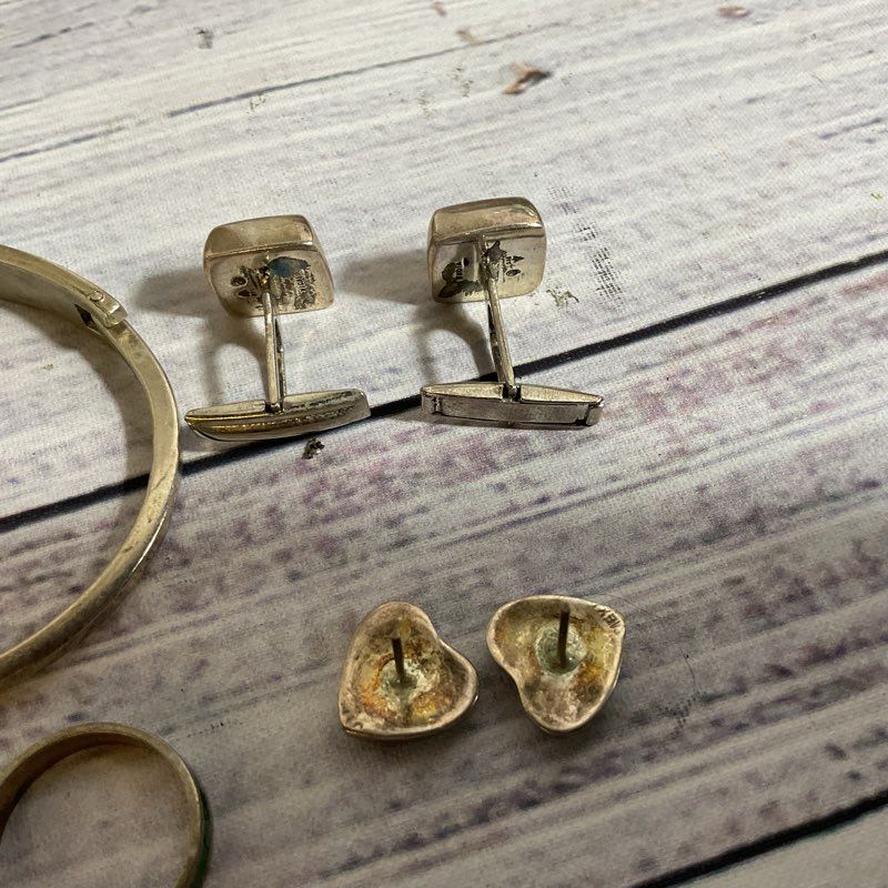 Lot Sterling Alpaca Bracelet, Norway Ring, India Cufflinks, Mex. Earrings 26.65g