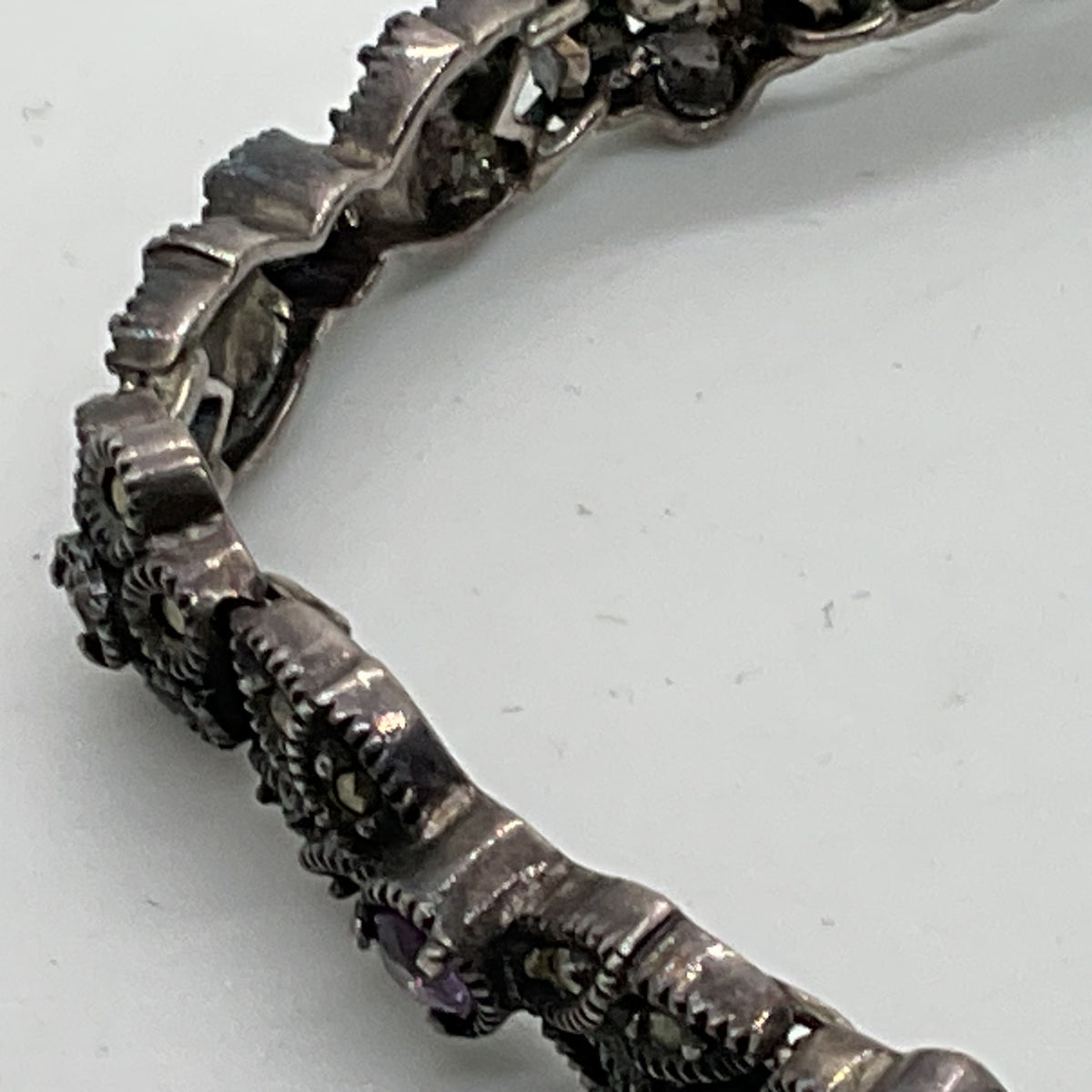VTG. JUDITH JACK Sterling Silver Amethyst and Marcasite Link 8" Bracelet- 22.51g