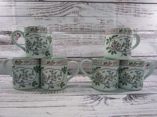 Adams Singapore Bird Floral Bird Motif Ironstone Mugs Made in England Set of 6