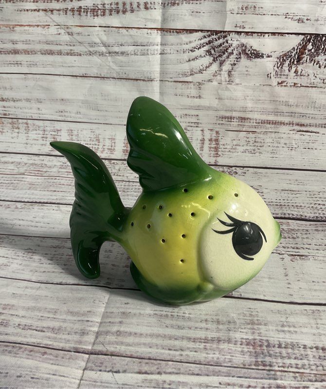Vintage Ceramic Fish Pomander Air Freshener Figurine Glazed Green