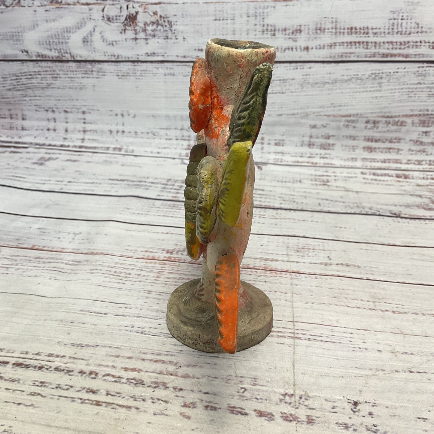 Mexican Folk Pottery Terracotta Candle Holder Tree of Life Flowers Leaves 6"