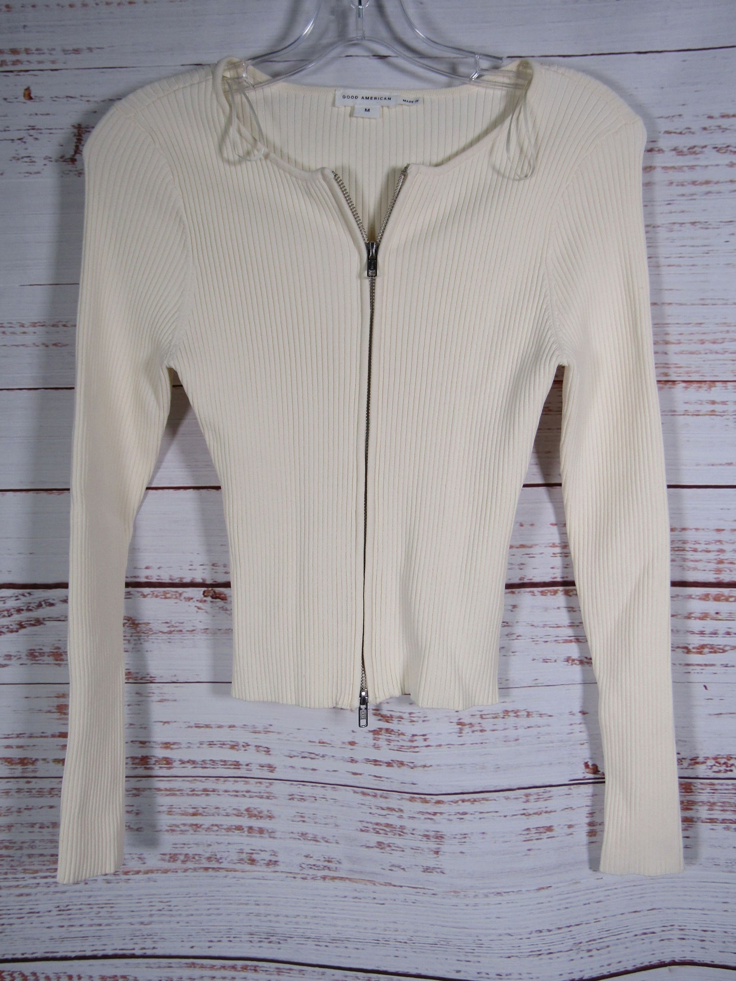 Good American Virgo Women's Ivory Rib Zip Cardigan Sweater Size M