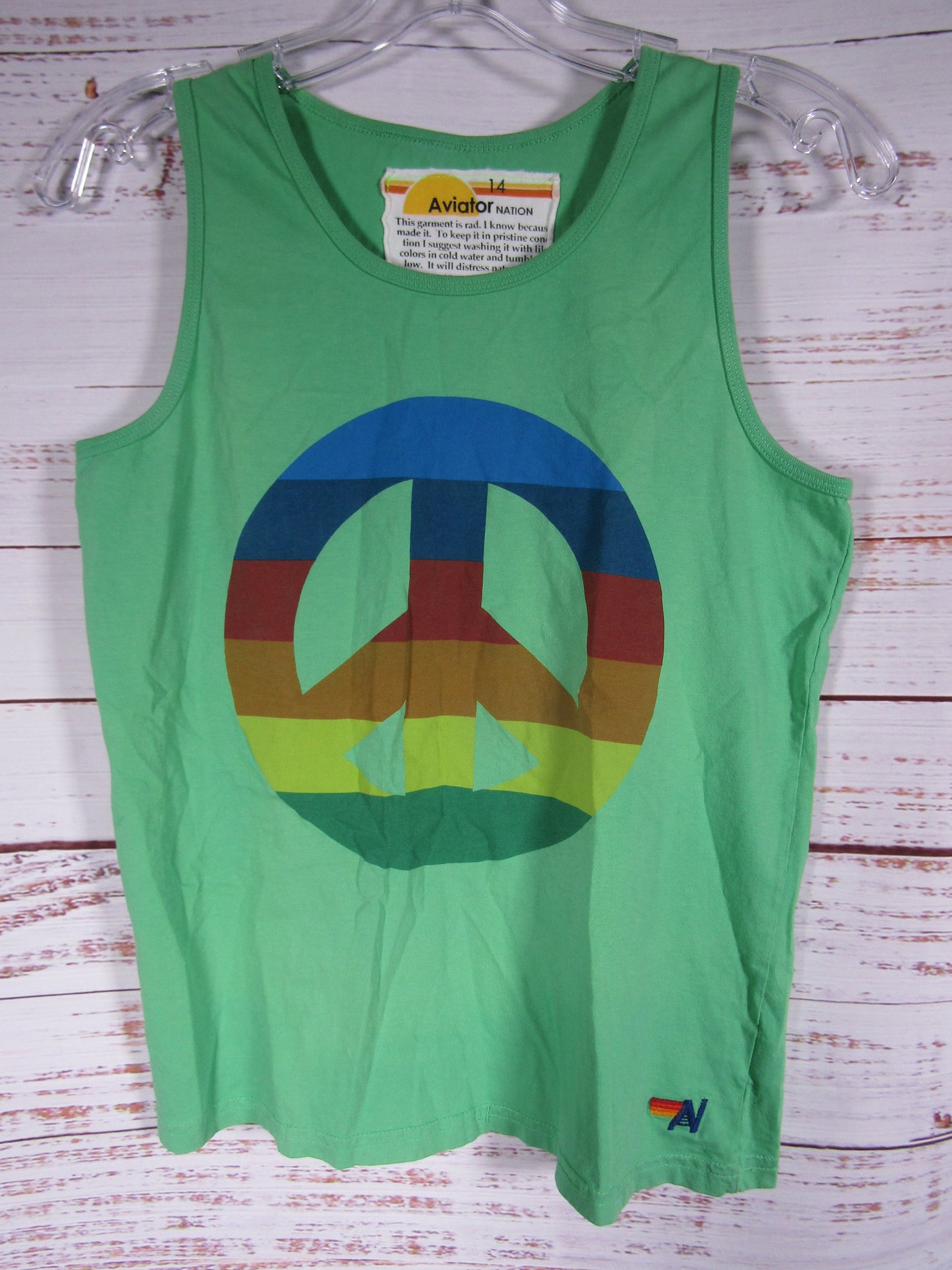 Aviator Nation Boy's Peace Symbol Print Green Cotton Tank Top Size 14