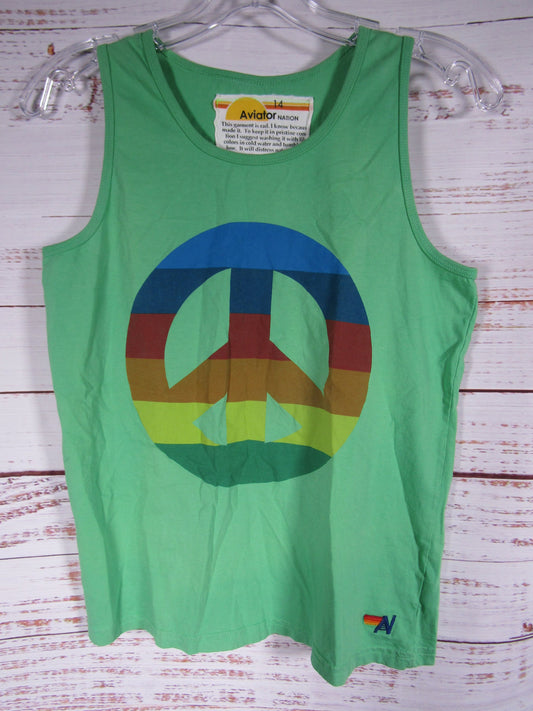 Aviator Nation Boy's Peace Symbol Print Green Cotton Tank Top Size 14