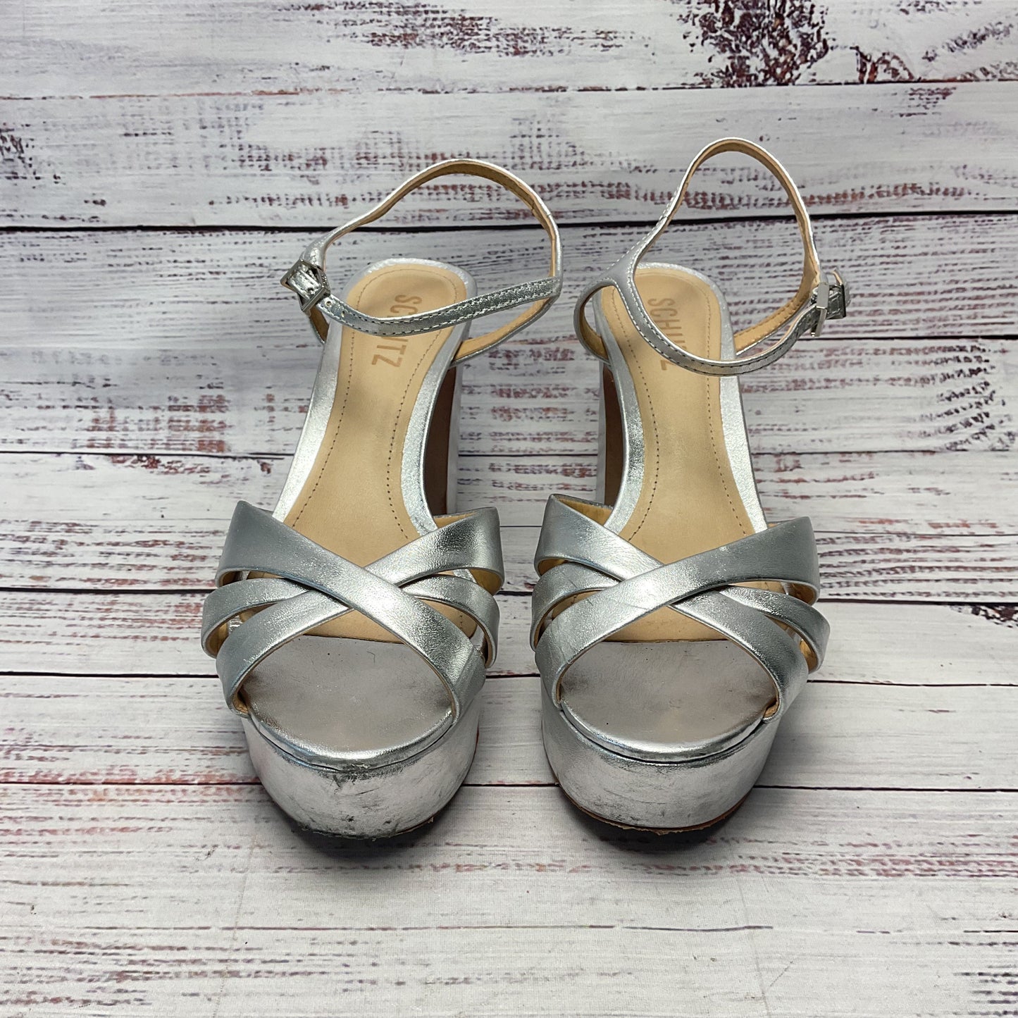 Schultz Keefa Silver Platform Heel Ankle Buckle Women Size 7.5
