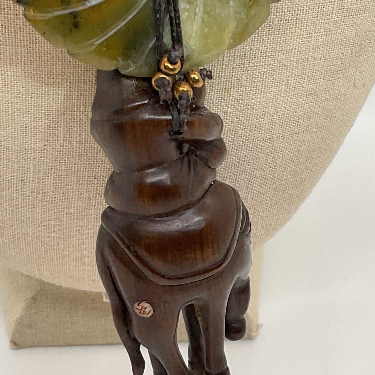 Signed ANTIQUE Japanese Carved Wood Netsuke and Jade Disc Pendant Necklace