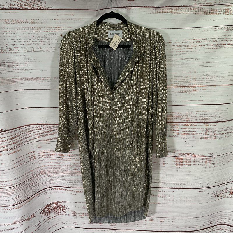 NWT Sabina Musayev Boca Gold Check Neck Tie Long Sleeve Mini Casual Dress Size S