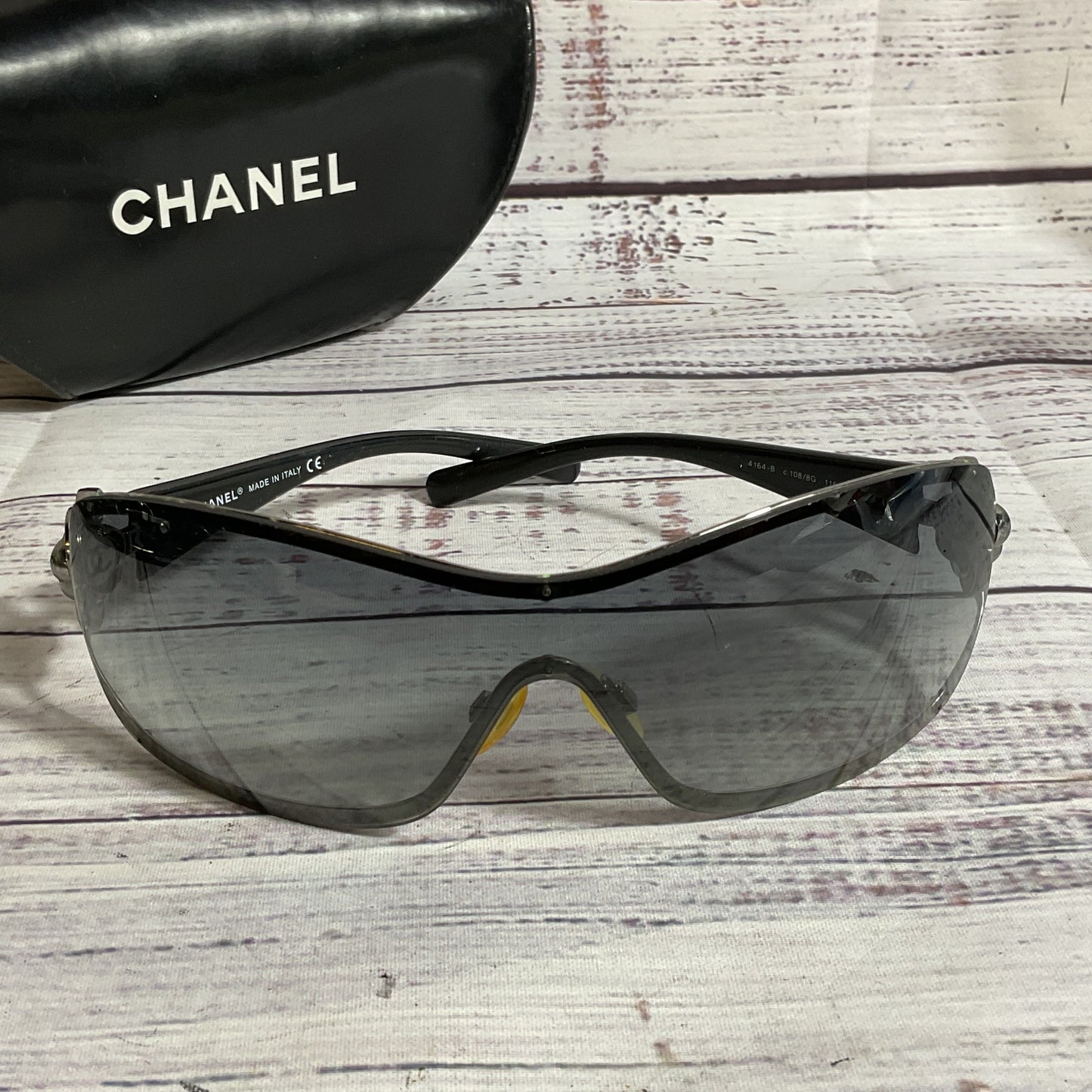 CHANEL 4164-B Camillia Shield Womens Black Crystal Sunglasses (MISSING CRYSTALS)