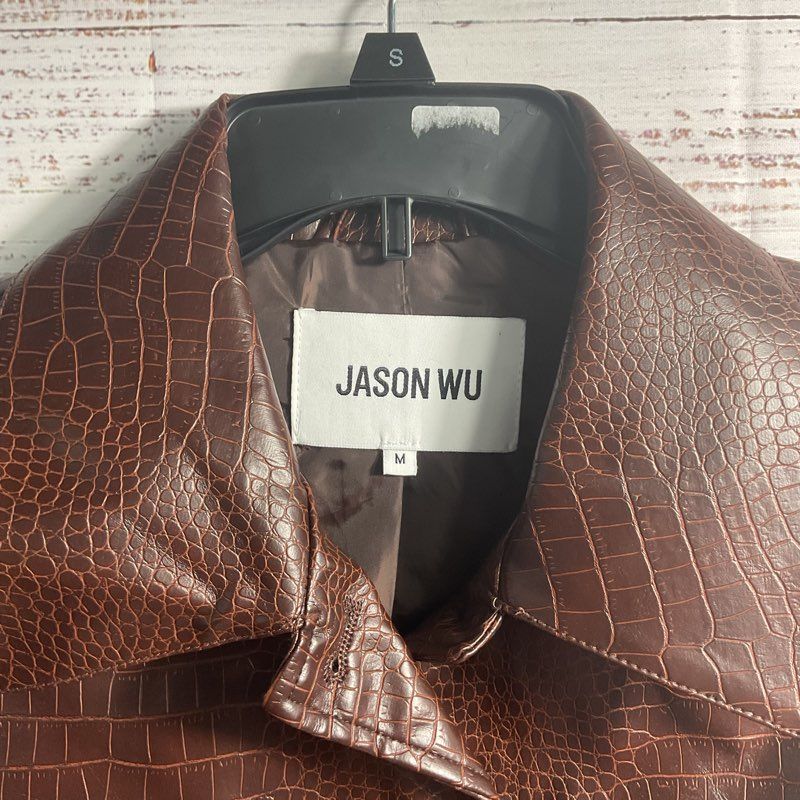 Jason Wu Brown Faux Leather Croc Embossed Cropped 2 Pocket Blazer Jacket Size M