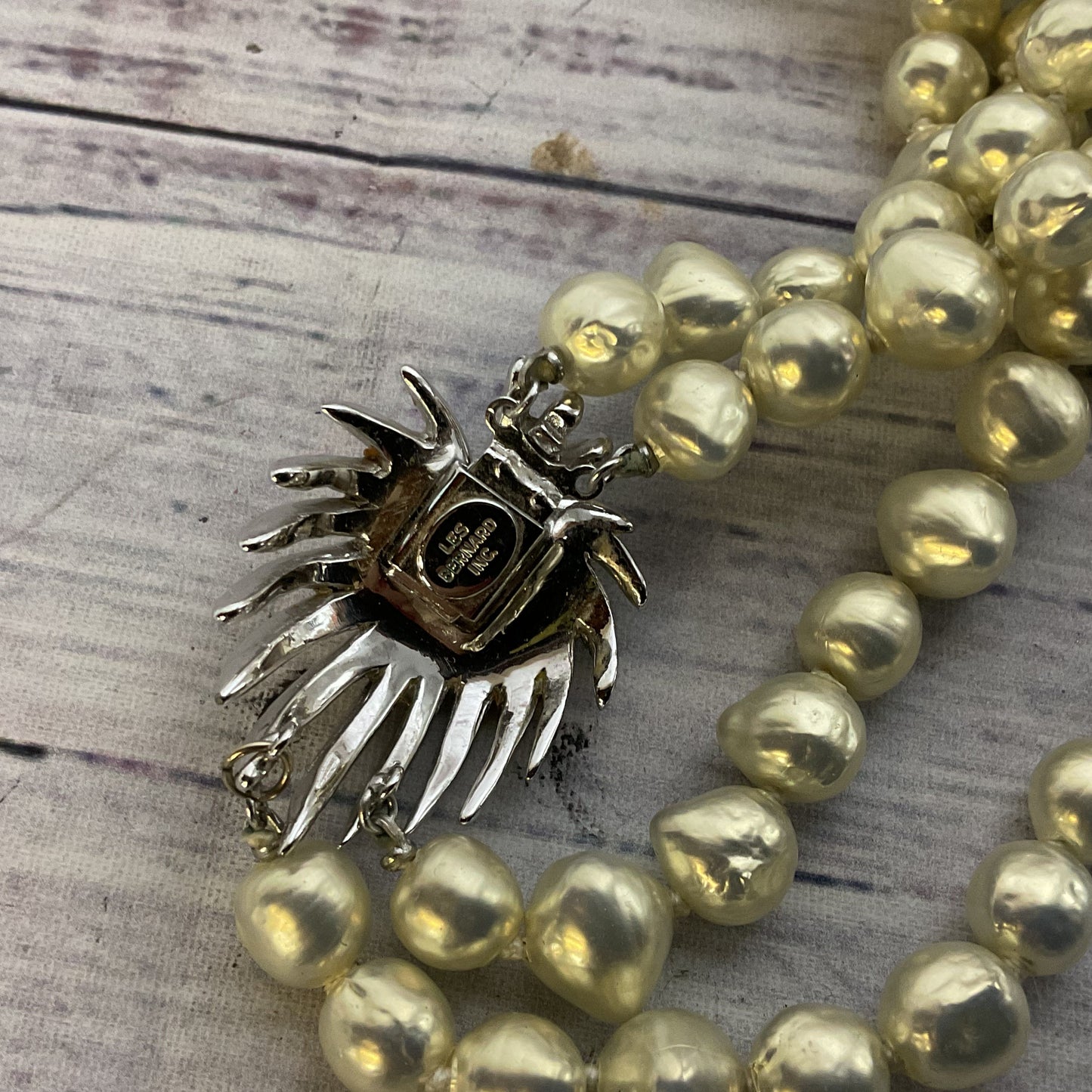 VTG. LES BERNARD Silver Tone Faux Pearls and Rhinestone 2-Strand Necklace- 24"