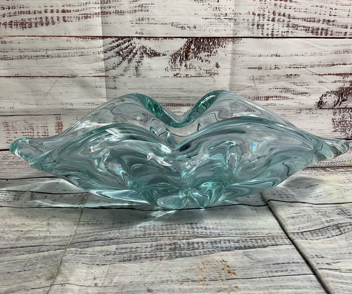 Modern Curved Murano Style Decorative Art Glass Bowl Blue