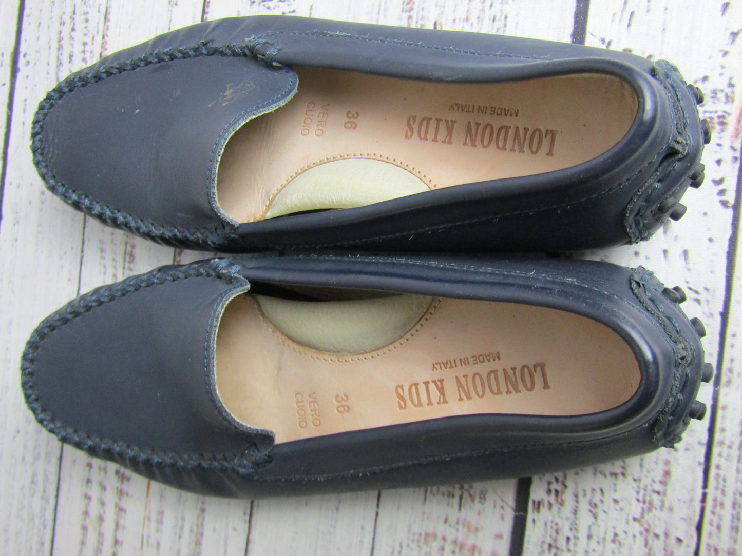 London Kids Girls Navy Blue Leather Loafers Size 4.5 Made in Italy