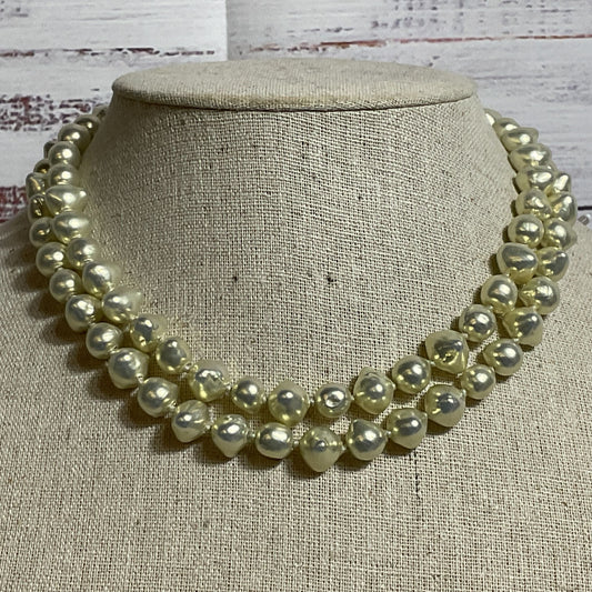 VTG. LES BERNARD Silver Tone Faux Pearls and Rhinestone 2-Strand Necklace- 15"