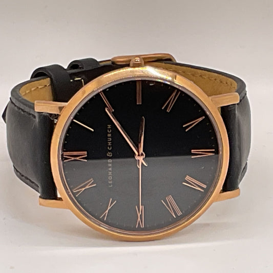 LEONARD & CHURCH Men's Gold Tone Black Leather Band Watch
