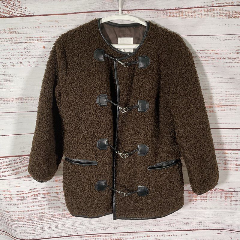 Avec Les Filles Sherpa Toggle Brown Faux Shearling Winter Jacket - Size XS