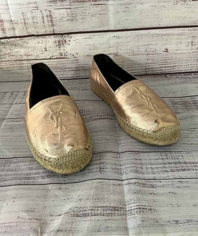 Saint Laurent Logo Metallic espadrilles Color Rose Metal Blush AS IS Retail $750
