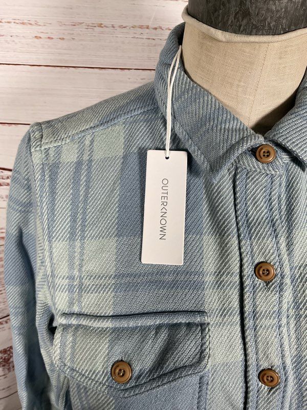 NWT Outerknown Women's Blue Plaid Blanket Flannel Button Up Long Sleeve Size S
