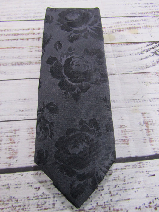 Ted Baker Men's Gray Black Rose Print Silk Slim Tie