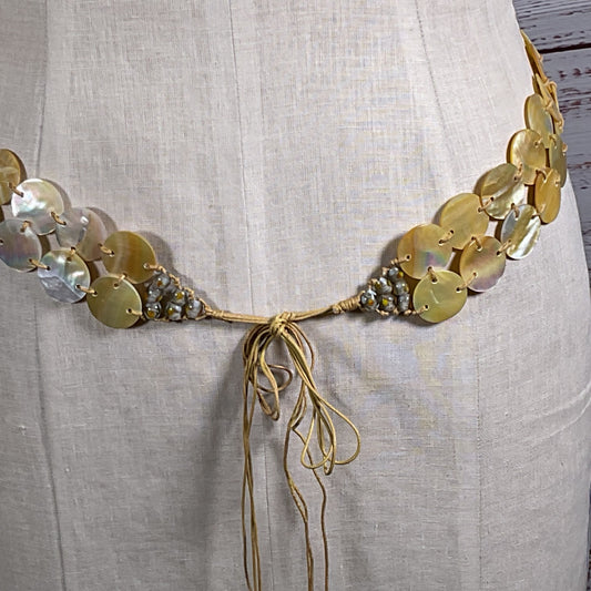 VTG. Mother of Pearl Shell Disc Adjustable Boho Braided Cord Belt- 60"