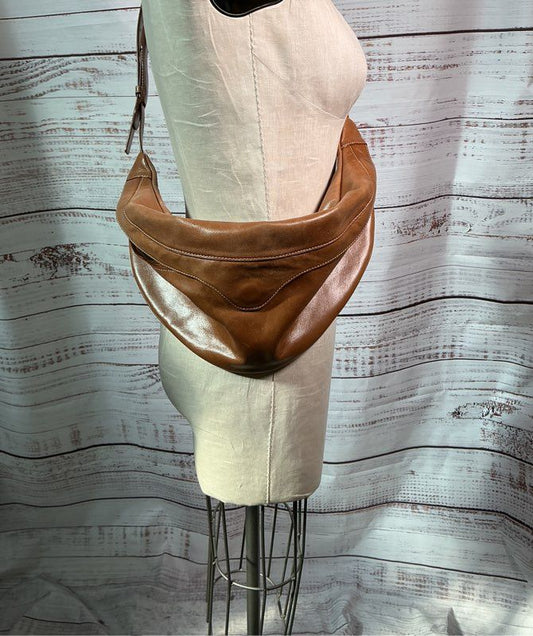 Women's Staud Moon Shape Brown Leather Shoulder Handbag AS IS