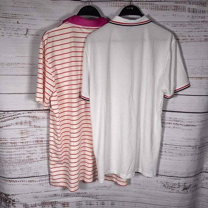 Lot of 2 G/Fore White & Red Stripe Polo Shirts (1 XL, 1 L)