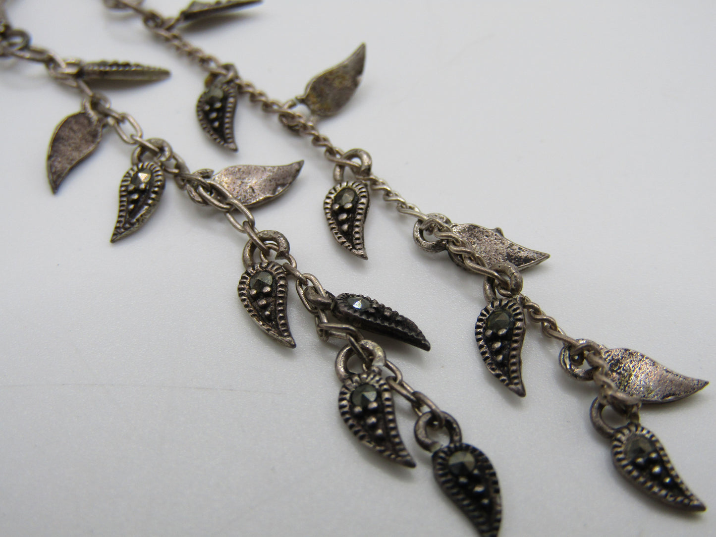 Sterling Silver Marcasite Accent Leaf Vine Drop Dangle Earrings
